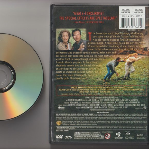 Twister DVD Helen Hunt, Bill Paxton, Jami Gertz, Cary Elwes Tornado, Natural D - Picture 2 of 2